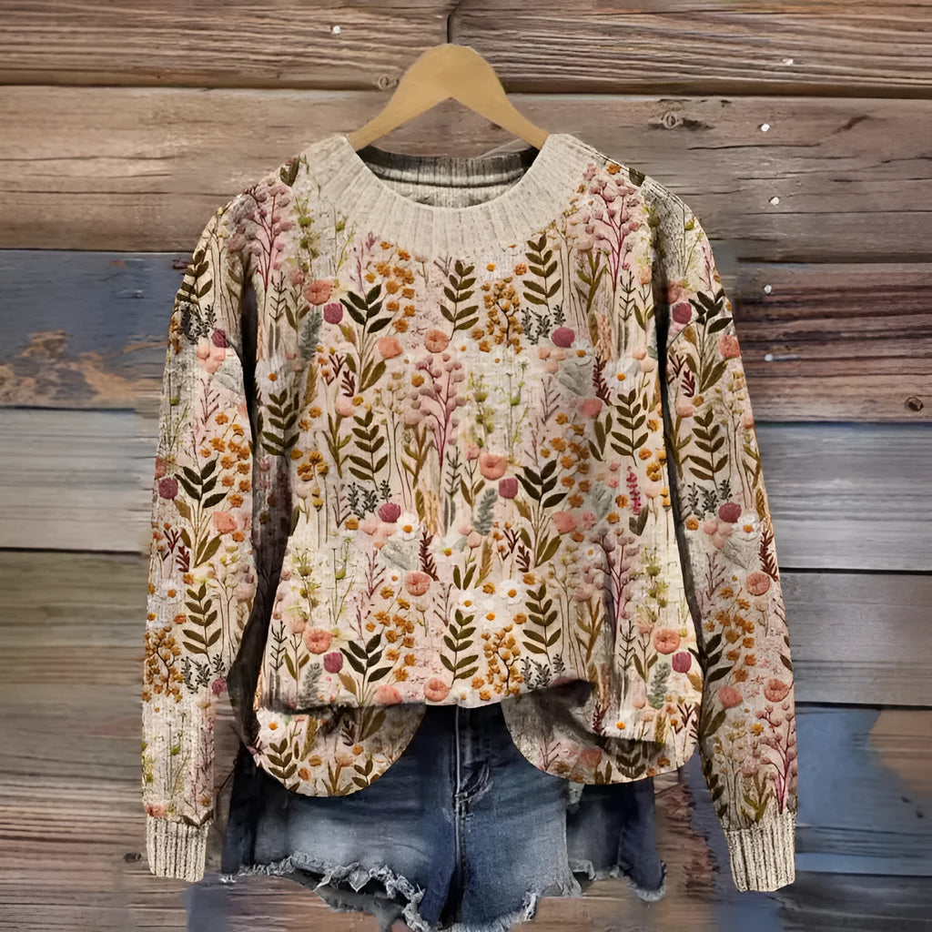 Little Flower digital printed floral pattern round neck polyester sweater shown in multiple colour options