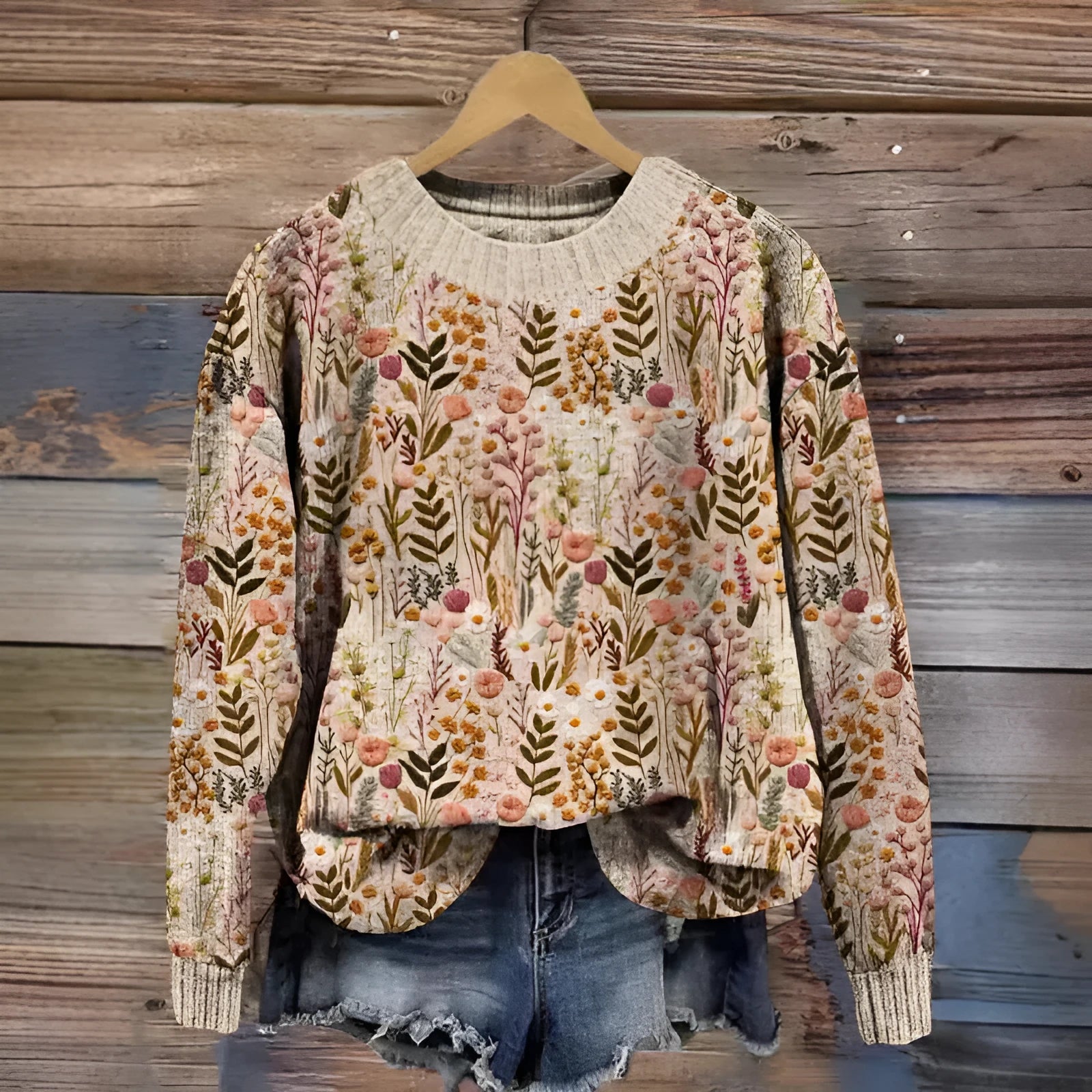 Little Flower digital printed floral pattern round neck polyester sweater shown in multiple colour options