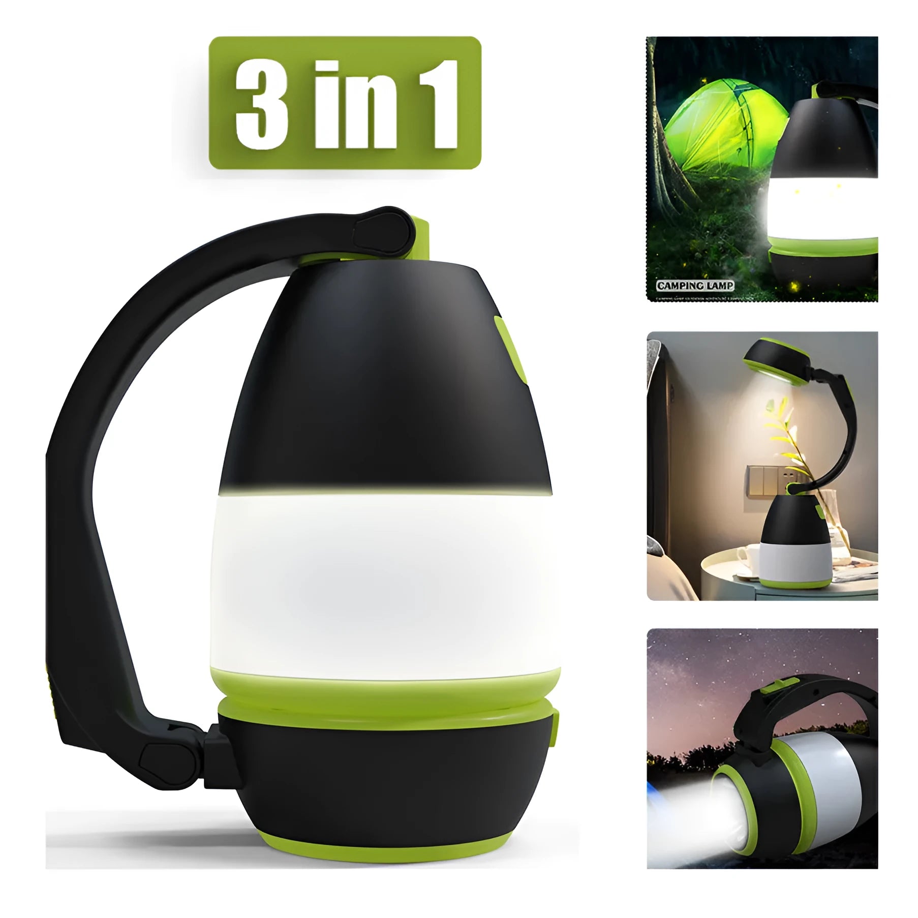 Black green multifunctional LED lamp with folding stand, shown in camping and desk use settings.