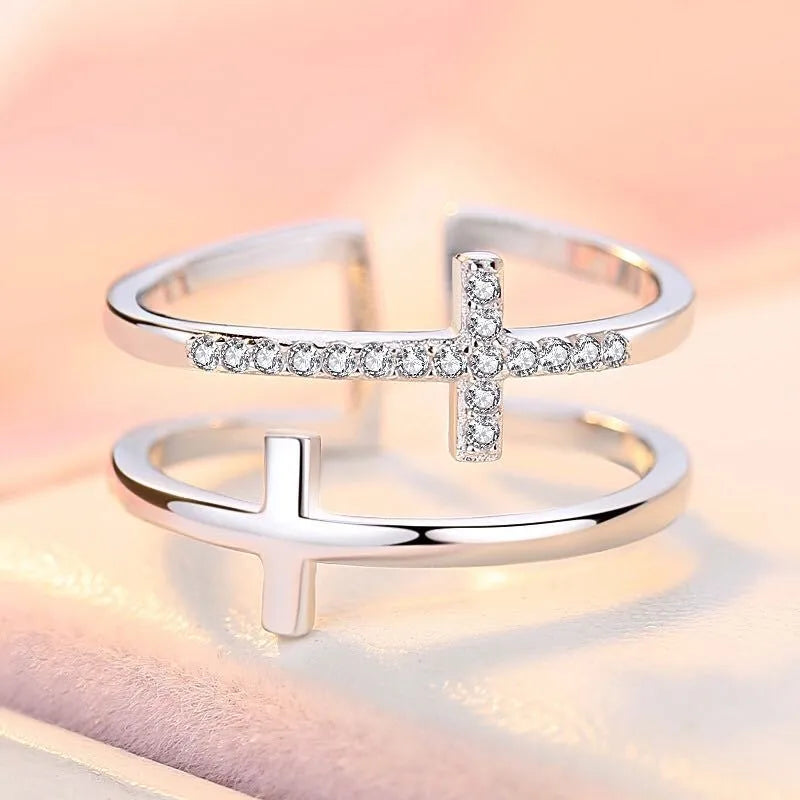 Women's adjustable open ring with geometric design, zircon stone inlays, and white gold finish