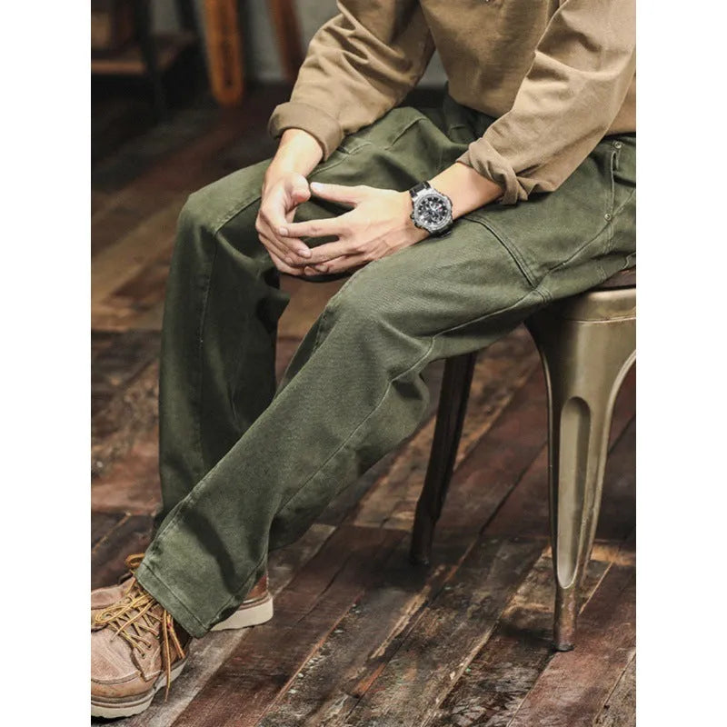 Retro army green casual men's loose straight cotton cargo pants with mid waist