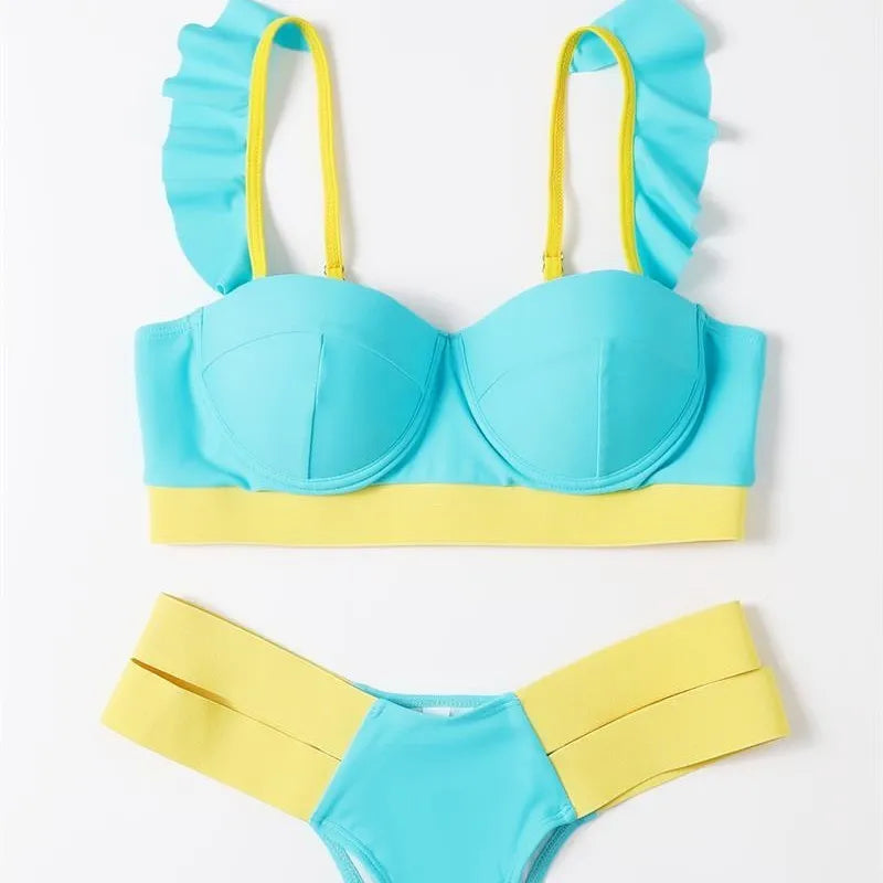 Women's steel bracket push-up bikini swimsuit in contrast colours with Asian sizing options