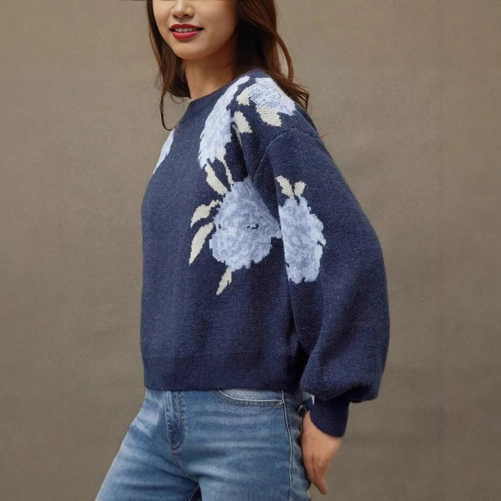 Sapphire Blue women's pullover with off-neck design and floral jacquard pattern in loose street style