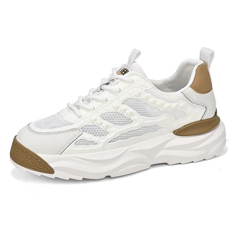 Men's white and black mesh casual shoes with round toe and breathable PU upper