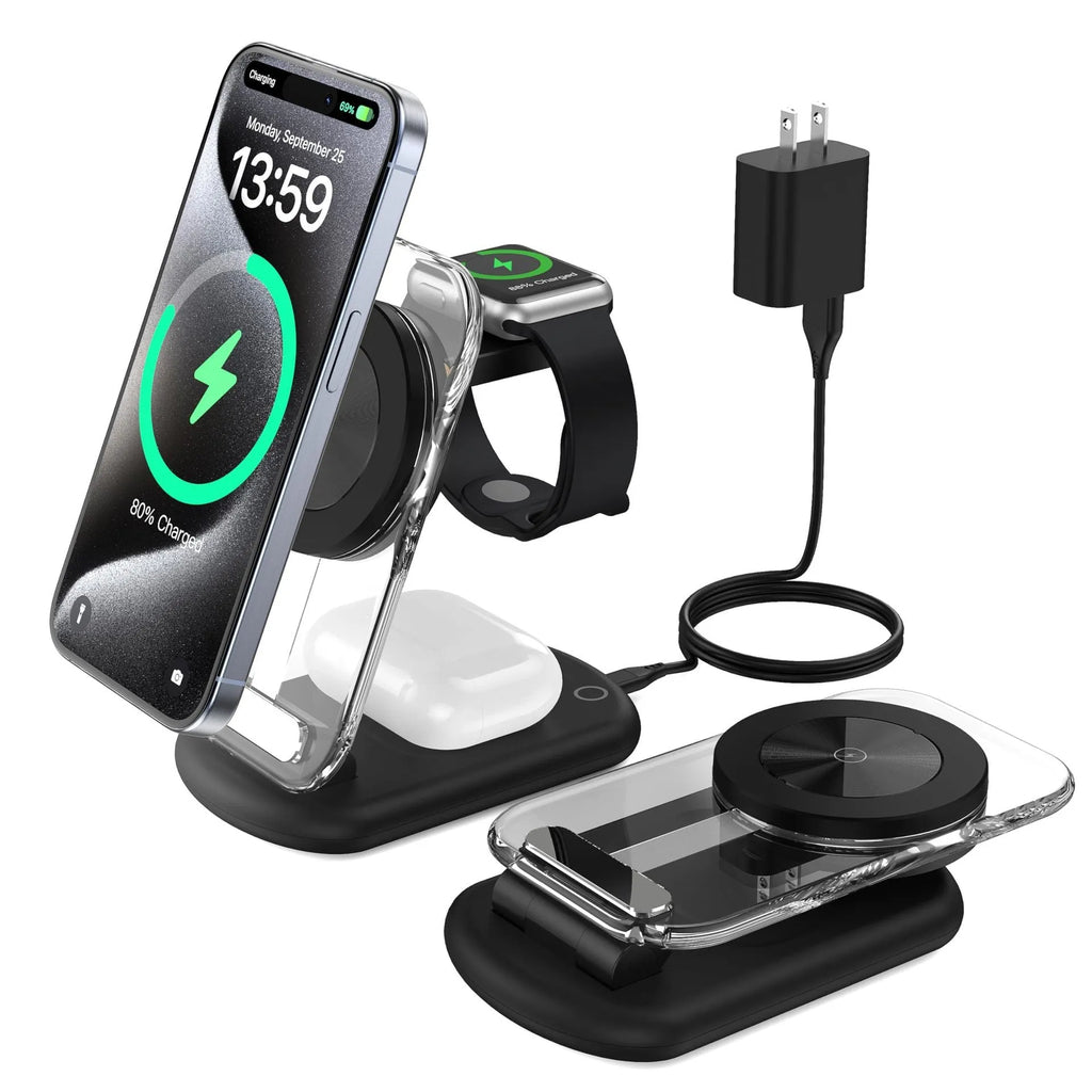 Transparent folding magnetic wireless charger showing internal components with black and white colour options