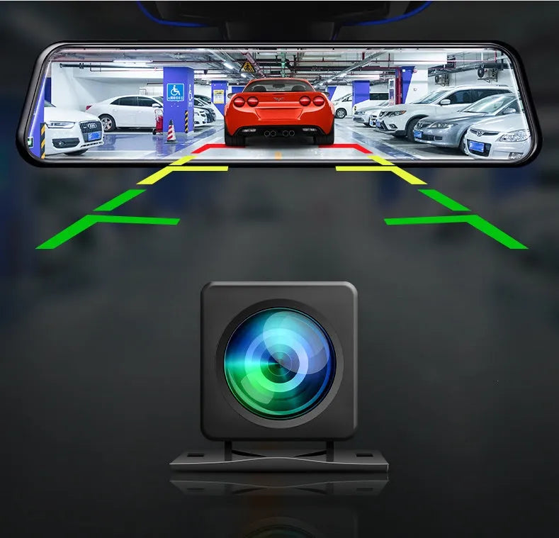 R9 8 inch black driving recorder with dual lens on windscreen showing 1080p display