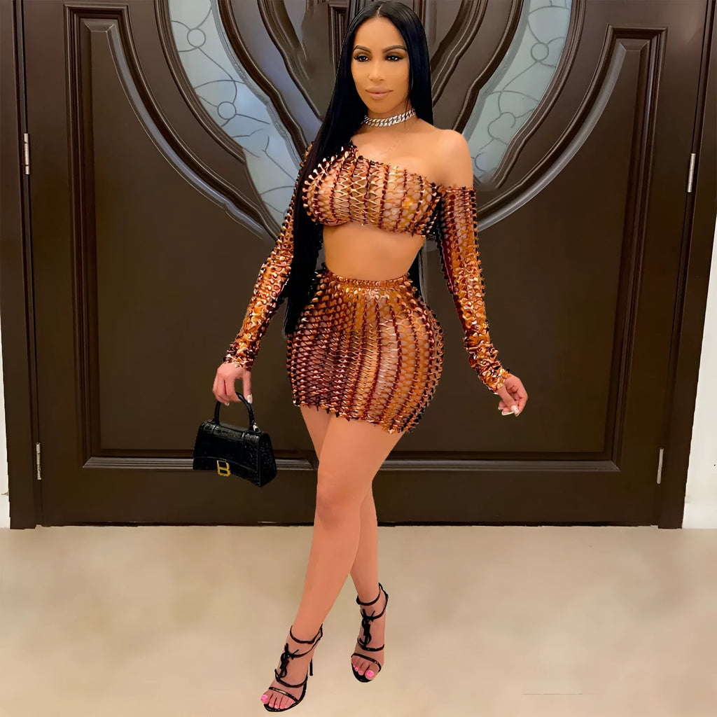 Women's hollow-out net two-piece dress set with sleeveless top and short skirt in European style