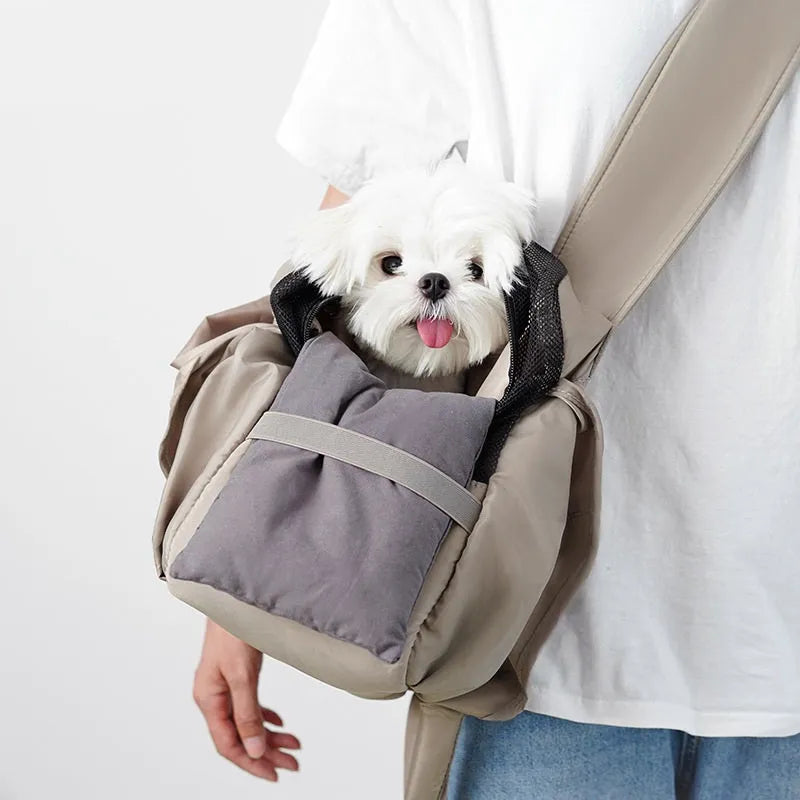 Apricot cloth pet carrier handbag with dimensions 41x16x28 cm for small dog or cat transport