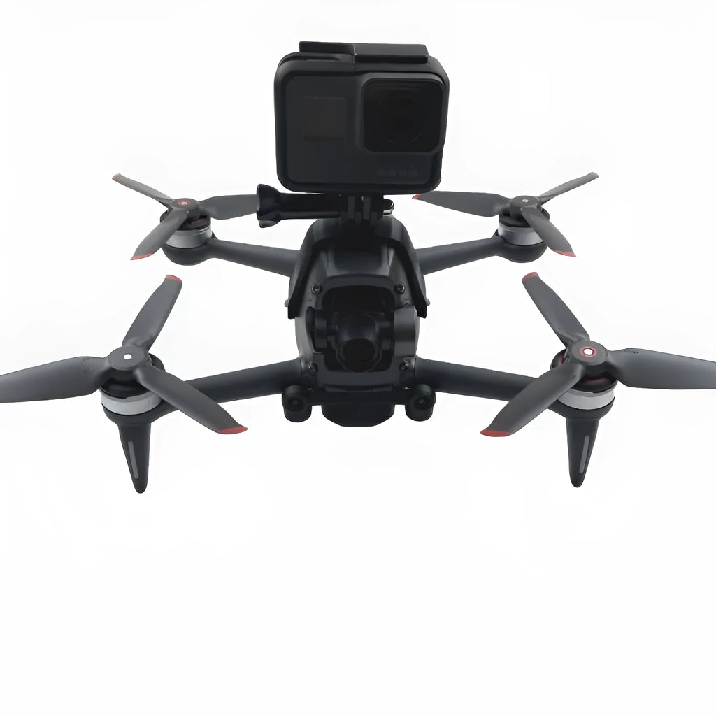 3D printed hard plastic FPV drone expansion bracket for GoPro cameras with a soft sponge pad.