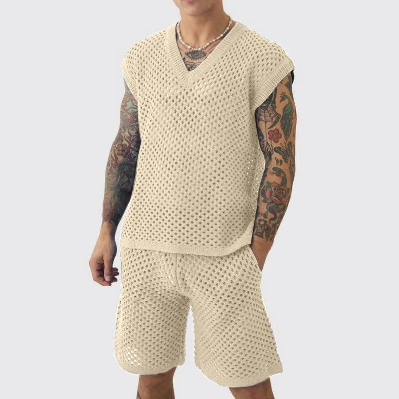 Men's blue knitted V-neck vest and matching shorts summer sports set
