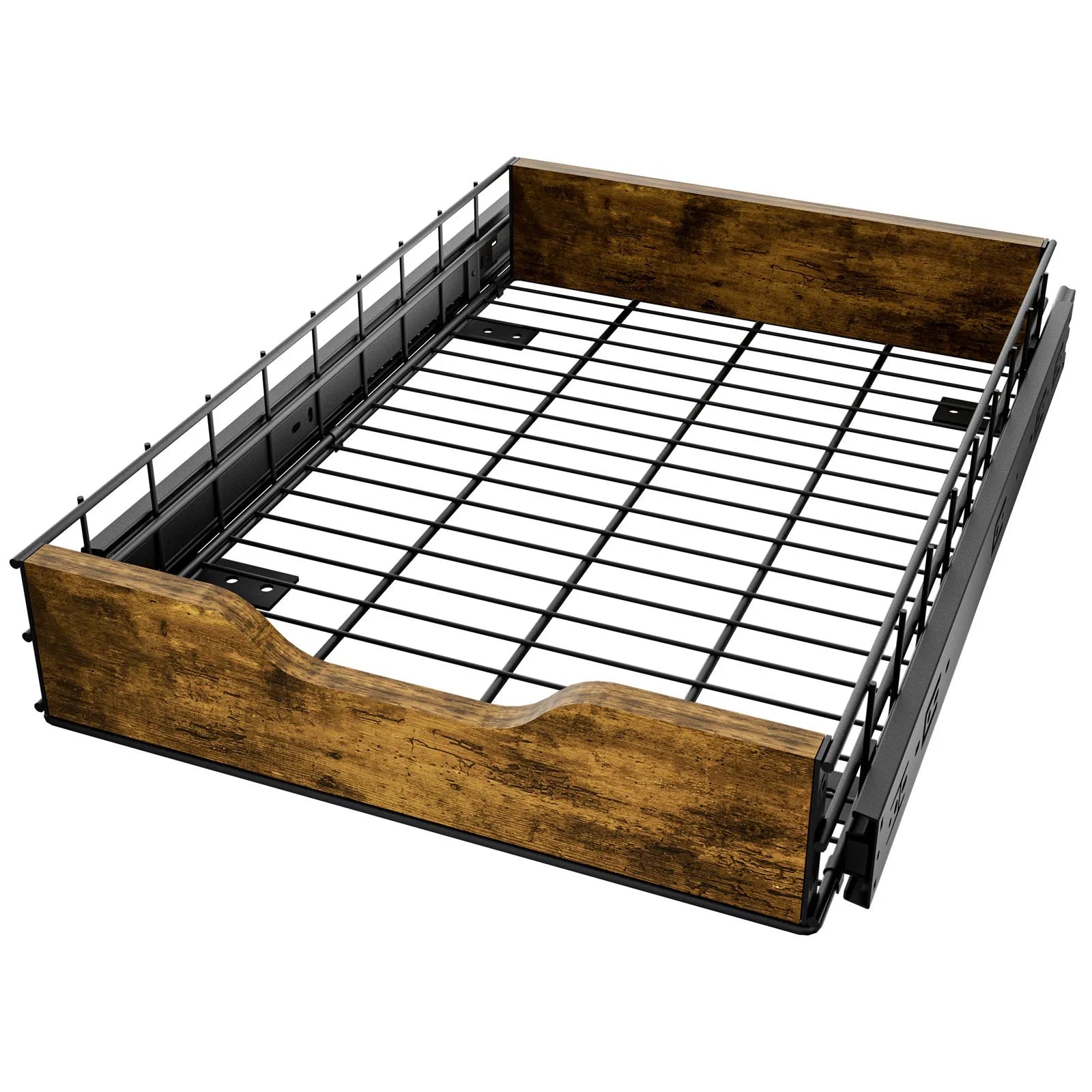 Black household storage rack with wood and iron construction featuring pull basket design