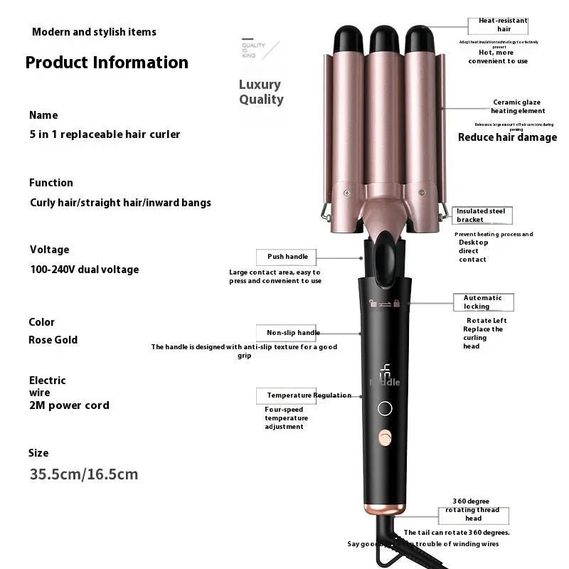Rose gold five-in-one hair curler with LCD screen and multiple interchangeable barrels