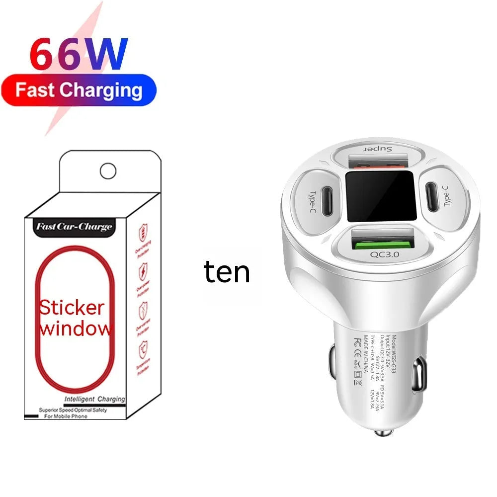 66W digital display car charger with 2 USB and 2 Type-C ports showing vehicle voltage on screen