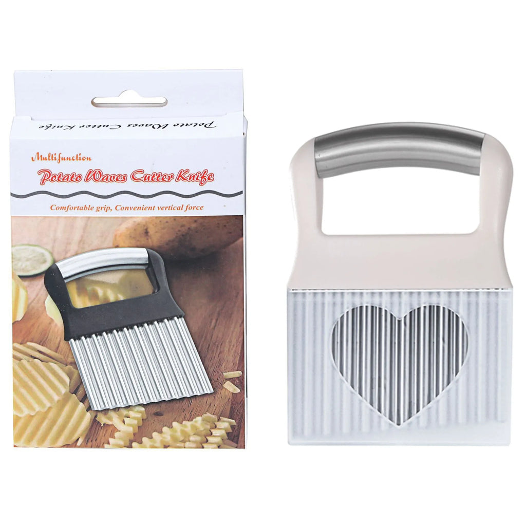 Stainless steel potato wave knife kitchen tool on a wooden surface.
