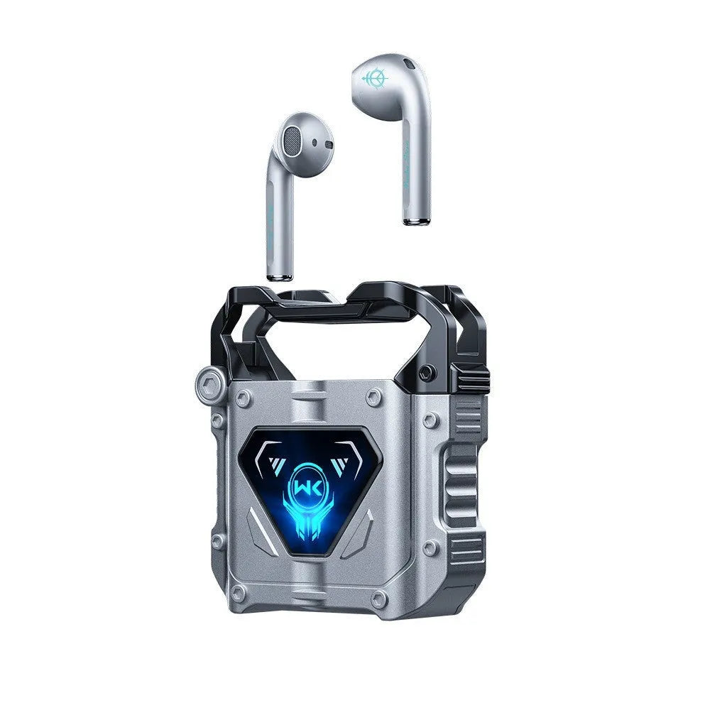 Silver Bluetooth headset with zinc alloy shell and breathing light on charging compartment