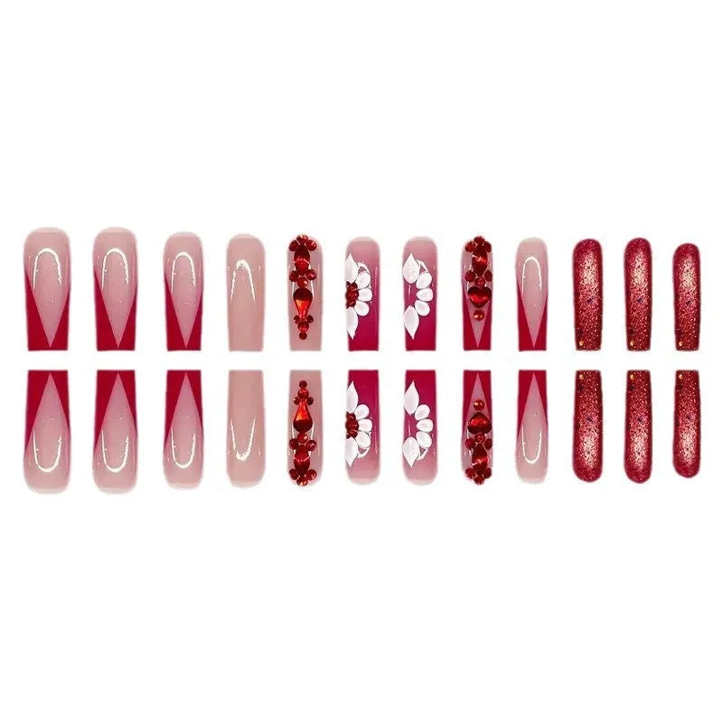 Sweet floral pattern artificial nails with red diamond decoration in European square long shape