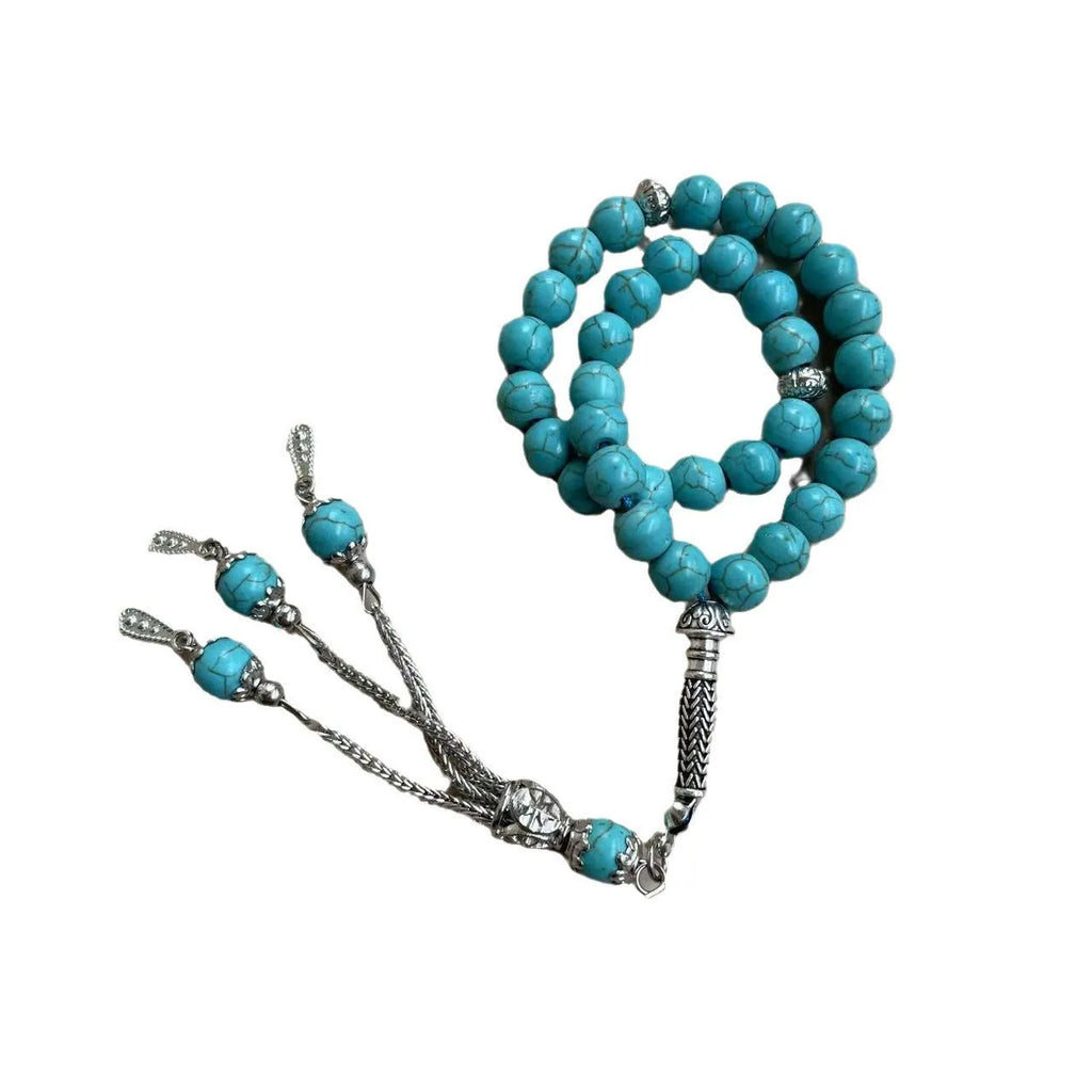 Handmade Muslim worship bracelet with sky blue 8mm stone beads for daily dhikr reminders.
