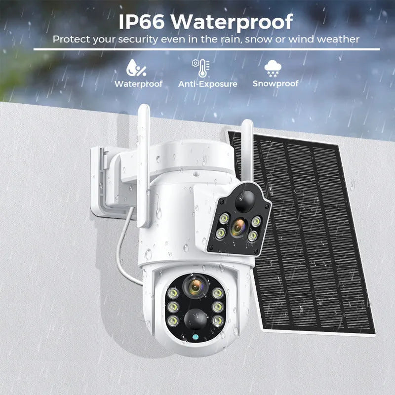 Outdoor solar wireless security camera with solar panel in black and white finish