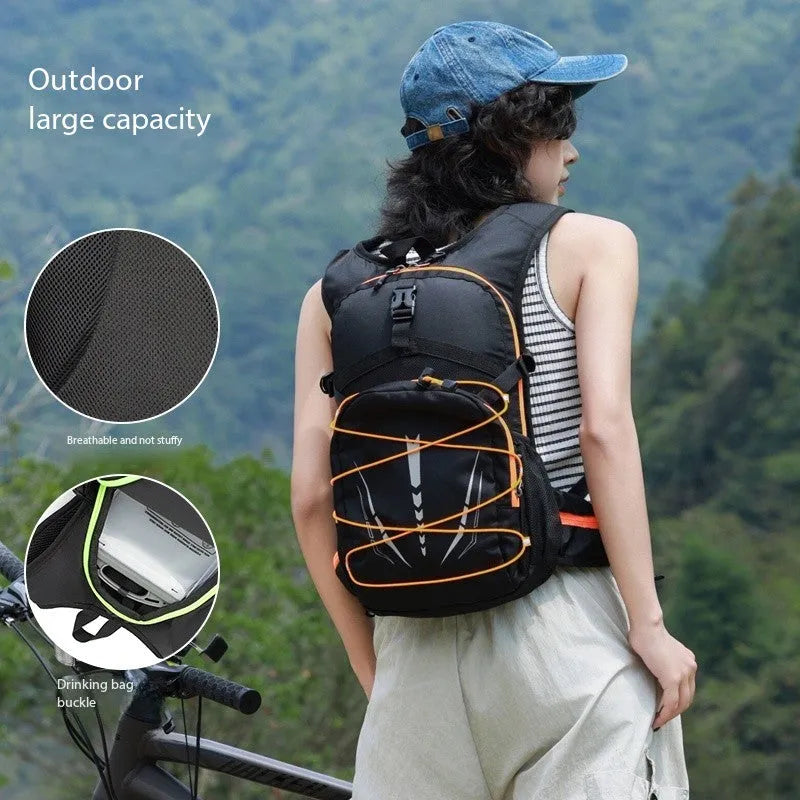 Lightweight hydration backpack with breathable mesh and reflective details for outdoor sports