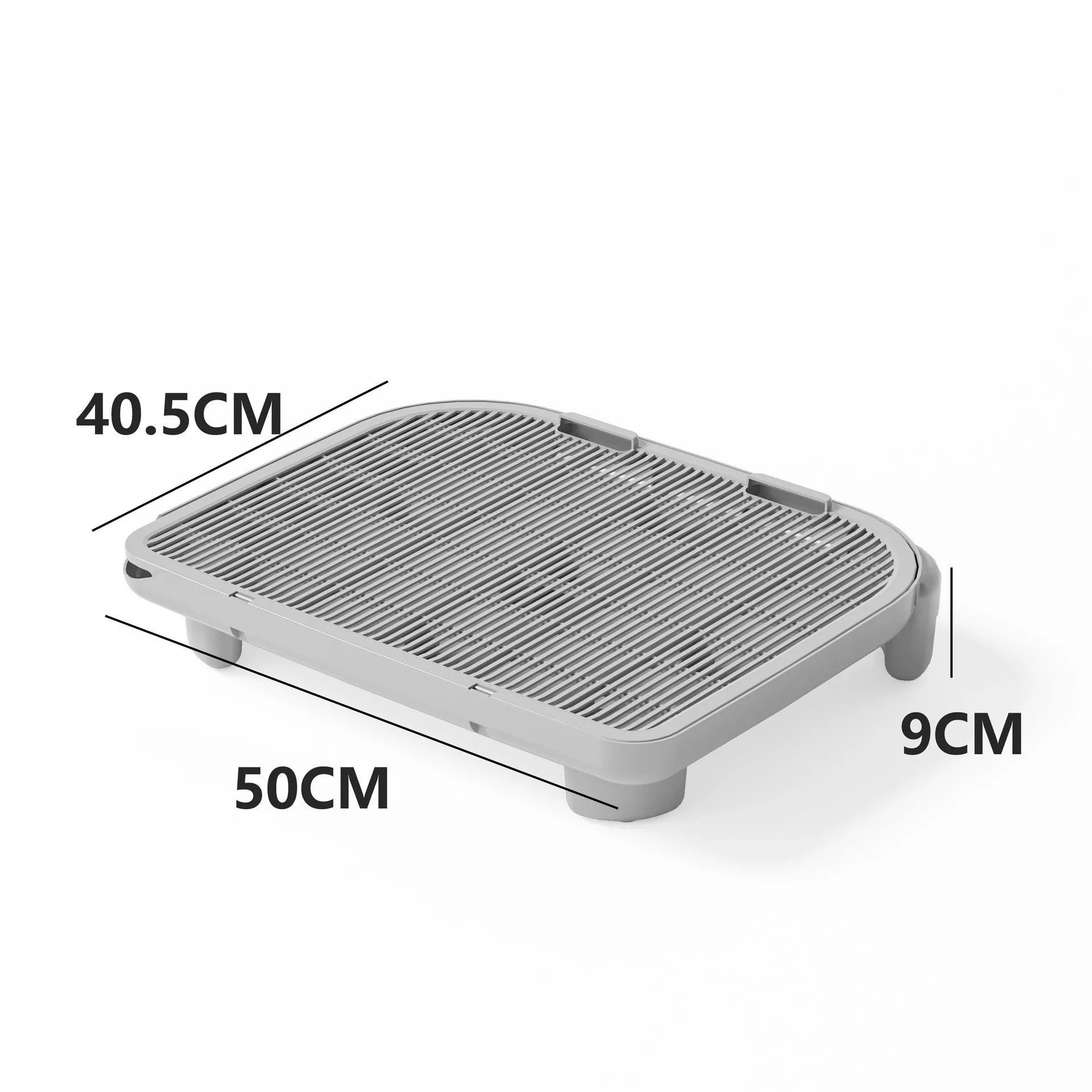 Gray honeycomb cat litter mat with raised edges and anti-slip pads, 40x50cm, placed in front of a litter box