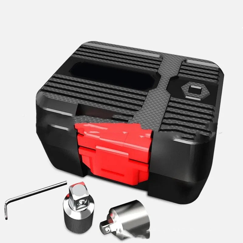 Digital torque meter with 1/2 inch square drive head and LCD display, part of a three-piece metal tool set.