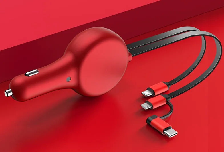 Black retractable dual-port car charger with extended cables showing Type-C and USB charging heads
