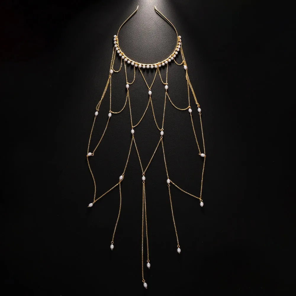 Gold and silver tassel hair chain for women with pearl detailing and electroplated finish