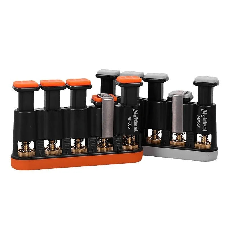 Grey and orange non-slip silicone finger trainer for musician hand strength development.