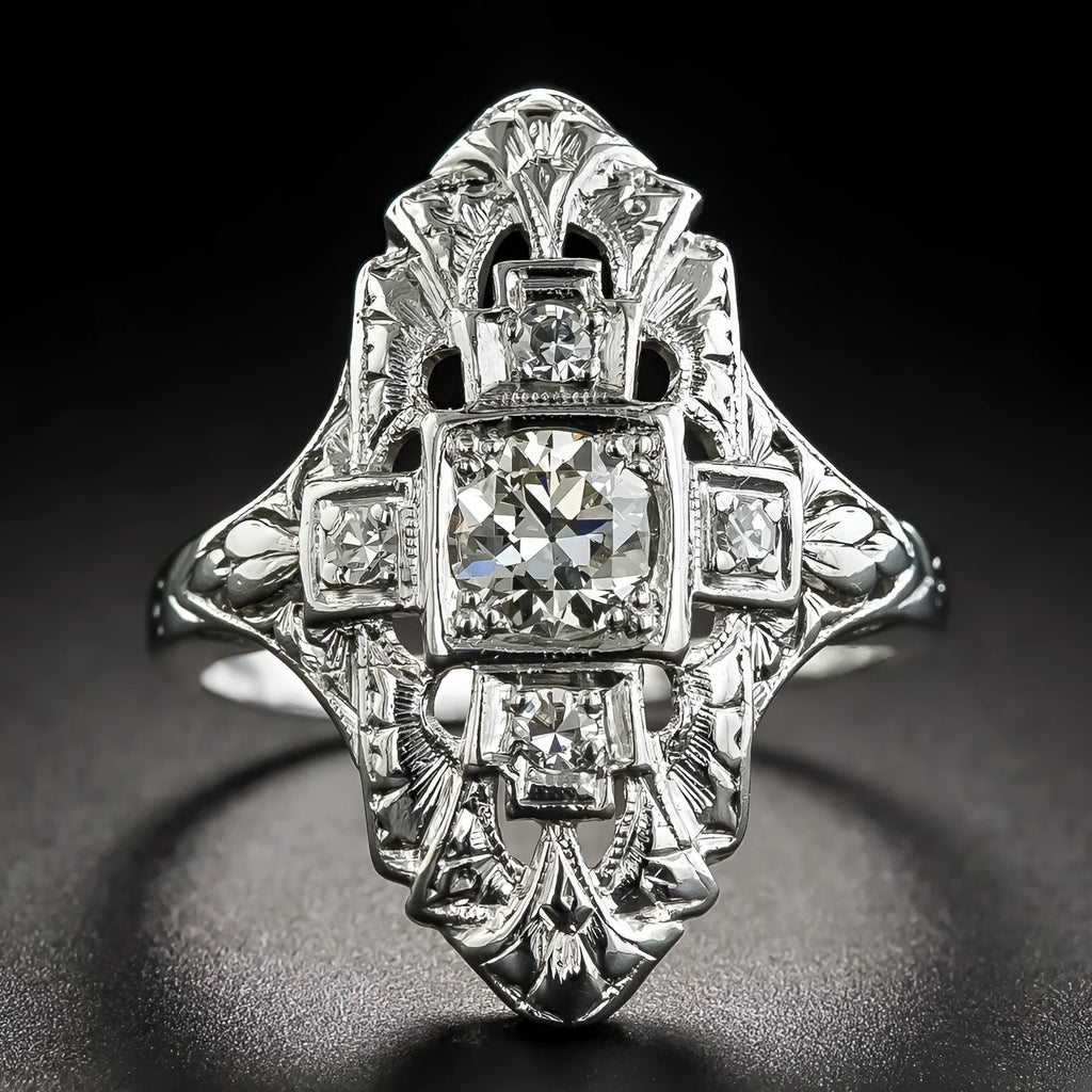 Geometric hollow-out copper ring with electroplated silver finish and diamond studs