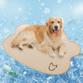 Ice silk dog cooling mat on a wooden floor, showing its rectangular shape and non-slip base, available in dark gray, green, light gray, and rice colours.