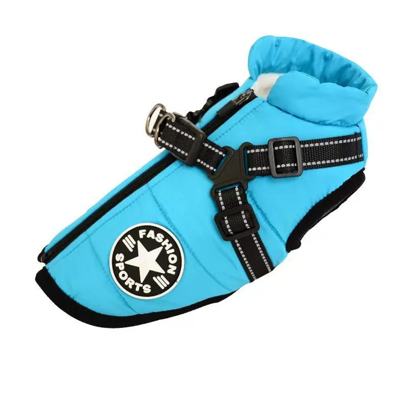 Waterproof dog coat with harness opening in rain silk material available in multiple colours and sizes