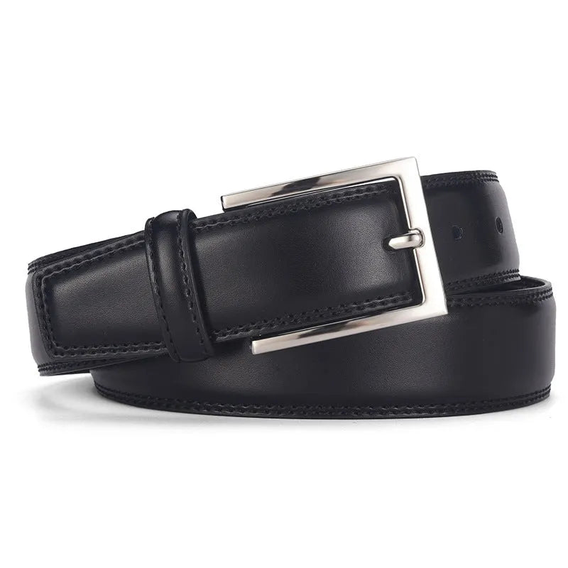 Men's black leather belt with a silver alloy pin buckle on a white background