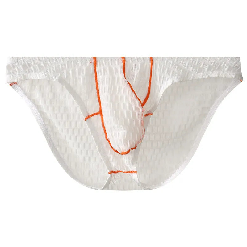 Men's low waist ice silk lace briefs in white, black, green, red, and purple on a size chart.