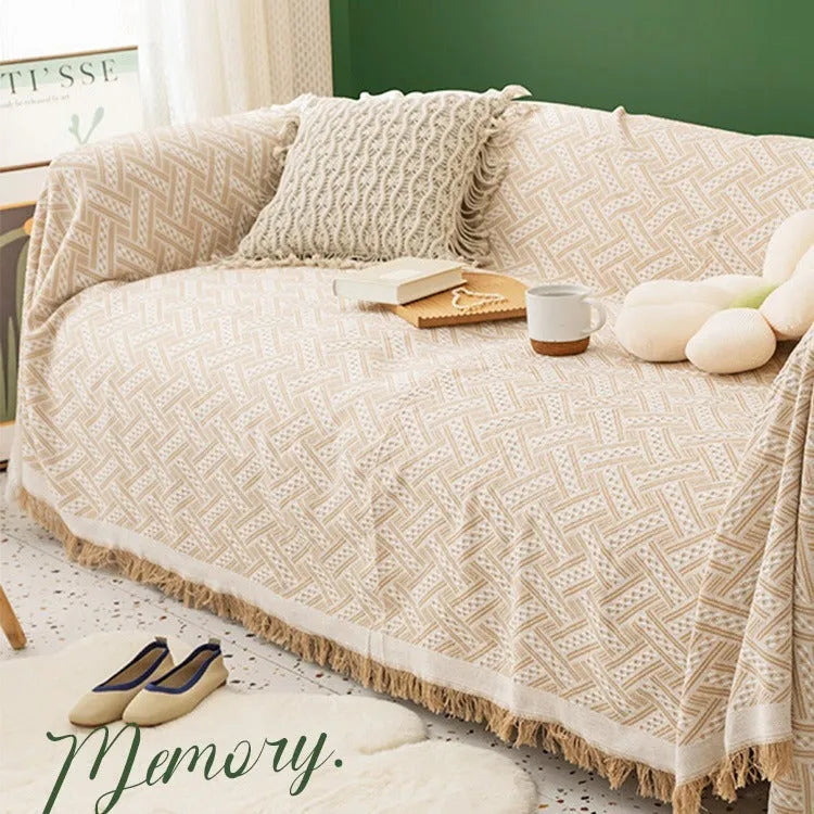 Solid colour polyester chenille sofa cover in khaki white plaid pattern, Nordic simple style, 180x180cm size