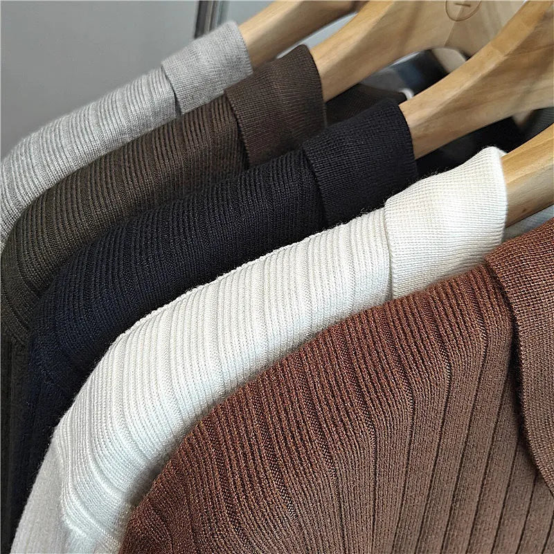Men's loose grey striped lapel knitted sweater on a hanger