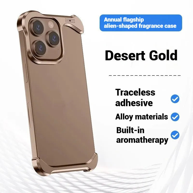 Special-shaped aromatherapy aluminium alloy hollow phone case in black for iPhone 14 Pro Max