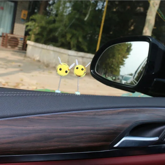 Square fur ball cartoon bee car decoration with black and yellow colours