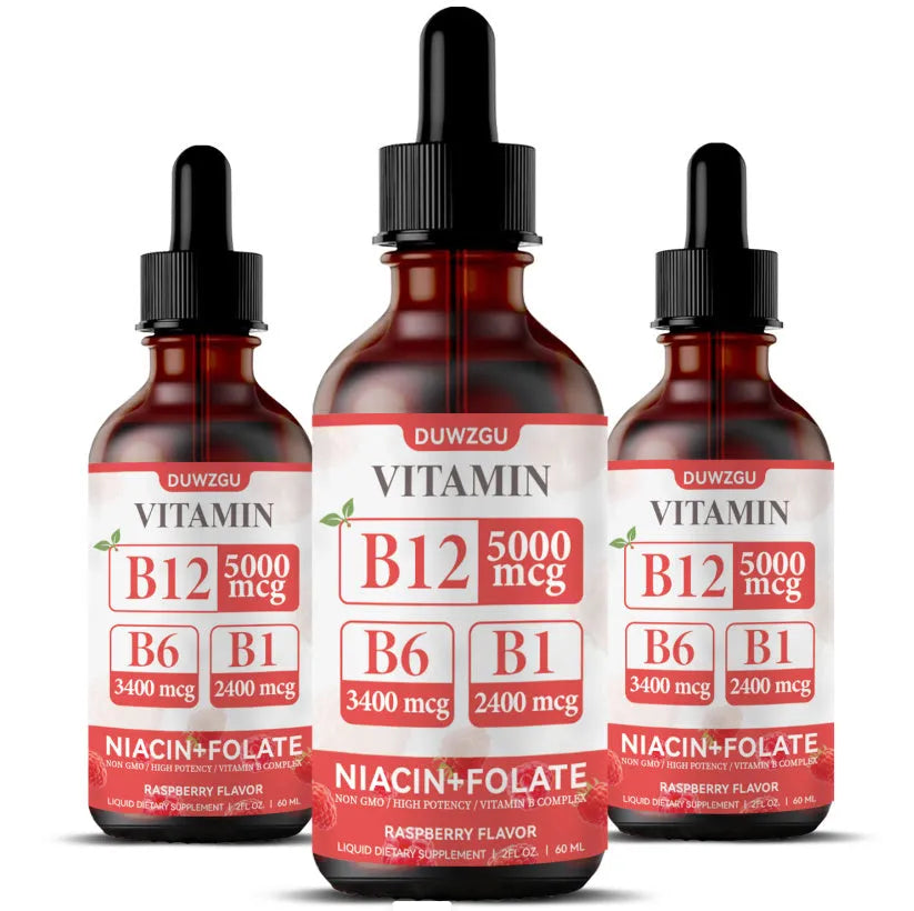 Small bottle of Vitamin B12 liquid drops on white background