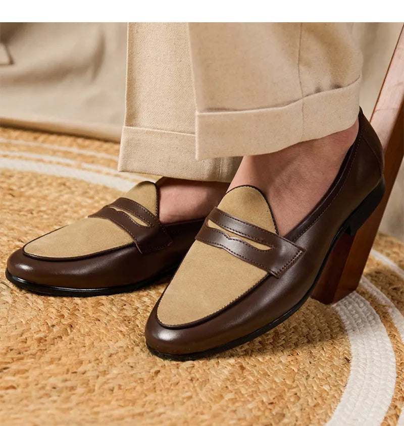 Coffee grey suede leather loafers with slip-on design and rubber sole