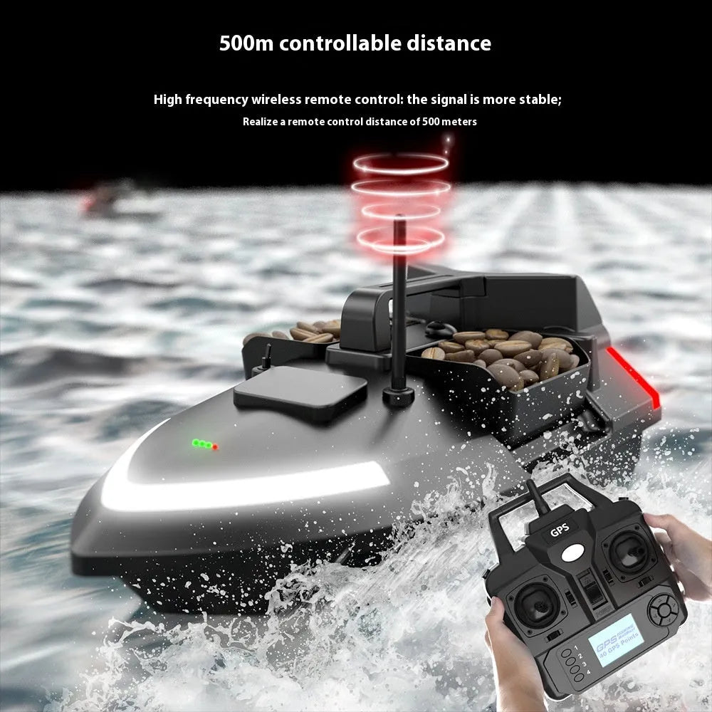 Black remote control GPS fishing boat with antenna and bait container on 49cm hull