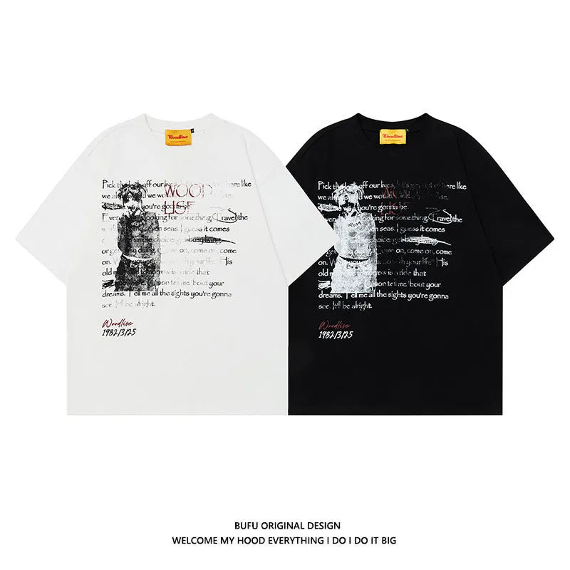 Men's black loose fit cotton T-shirt with white letter printing and raglan sleeves for retro hip hop style