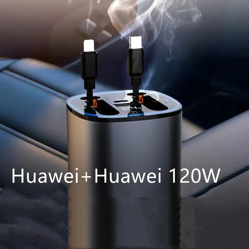 Automatic retractable car charger with 120W output showing retracted cable and cigarette lighter plug