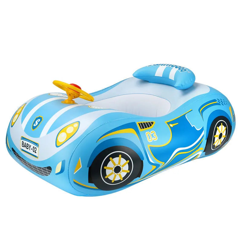 Inflatable children's swimming ring with mini steering wheel in pink sports car design