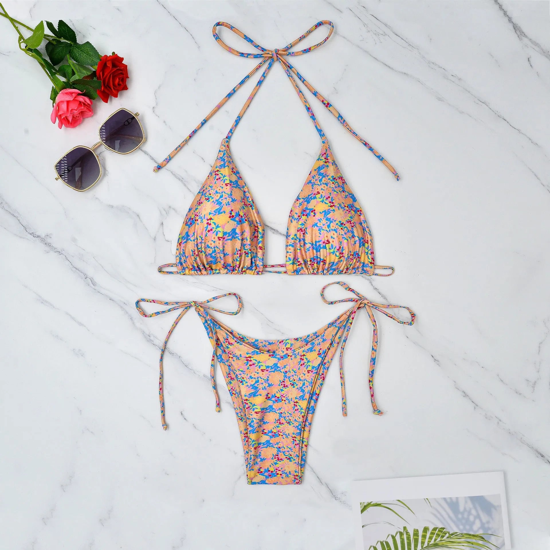 Lace-up bikini swimsuit with split design and briefs bottom