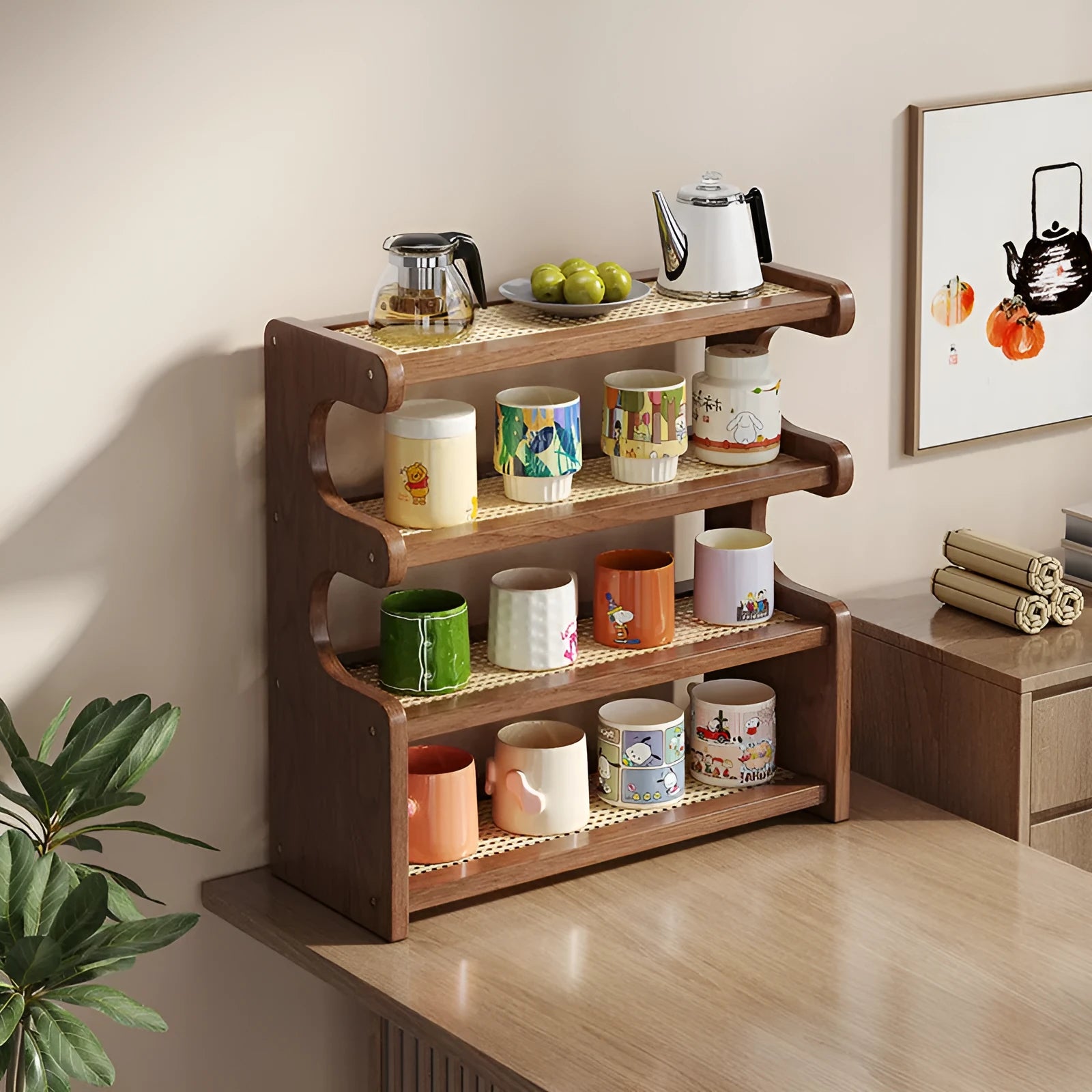 Multi-functional 4-layer desktop storage rack with arc cup holder in bamboo density plate, modern simplicity style