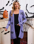 Women's black Halloween cardigan with orange pumpkin head jacquard pattern, medium length