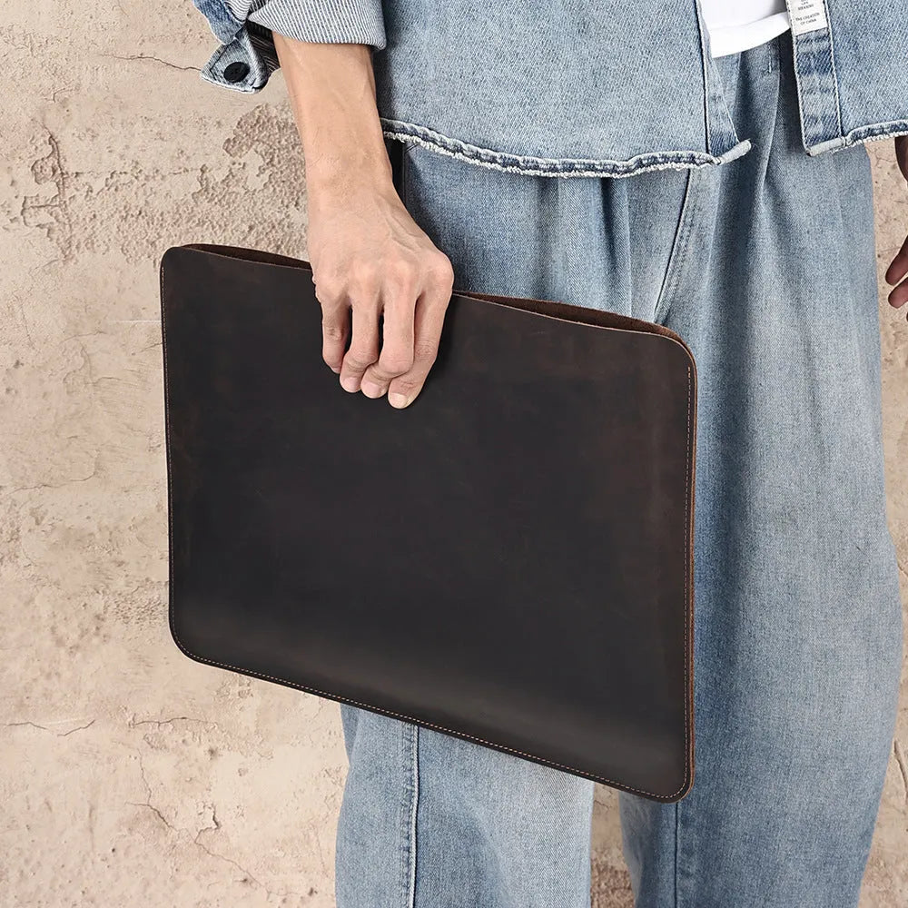 Brown Crazy Horse leather computer liner bag with horizontal design and cowhide lining