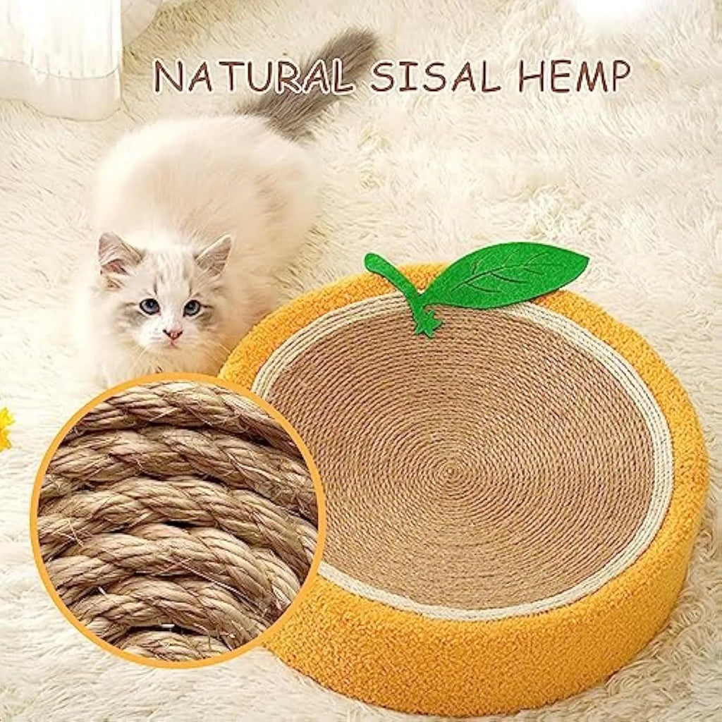Yellow round sisal cat scratching board and bed combo for small breed cats.