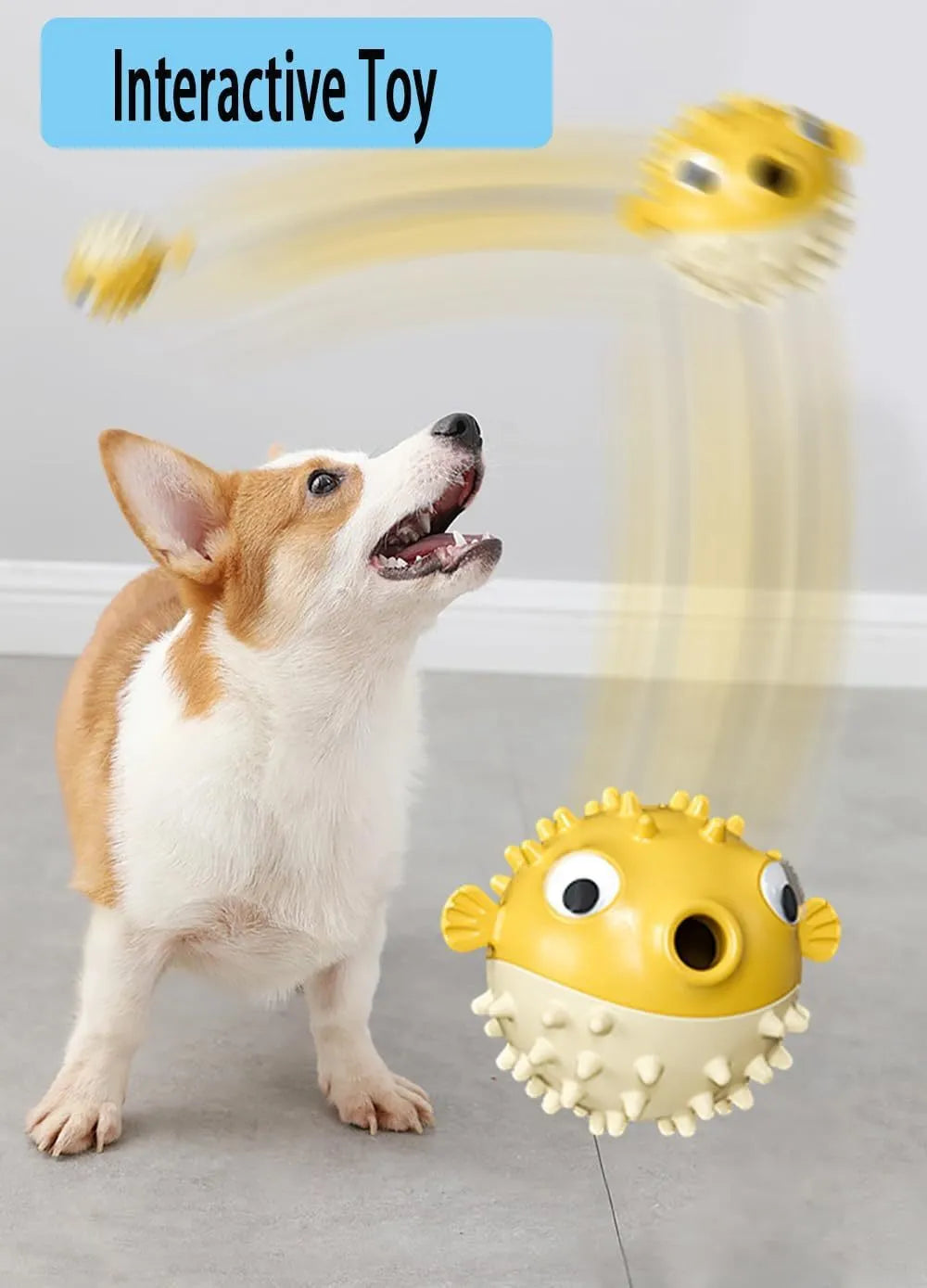 Green interactive fish-shaped dog toy with treat dispensing hole and raised cleaning particles