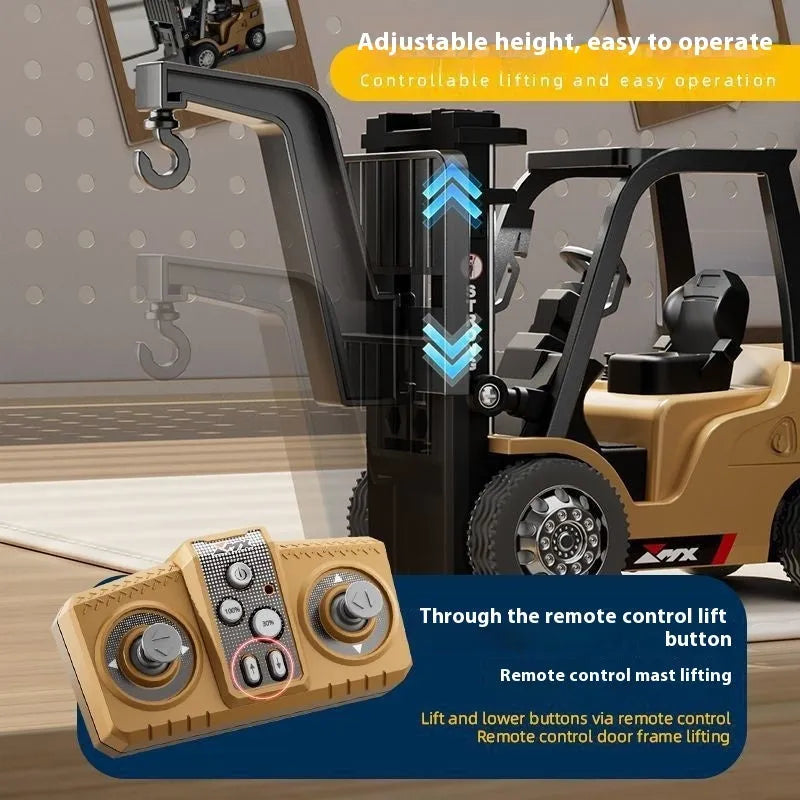 1:64 scale alloy remote control forklift with Bluetooth operation, cargo hook, and loading accessories